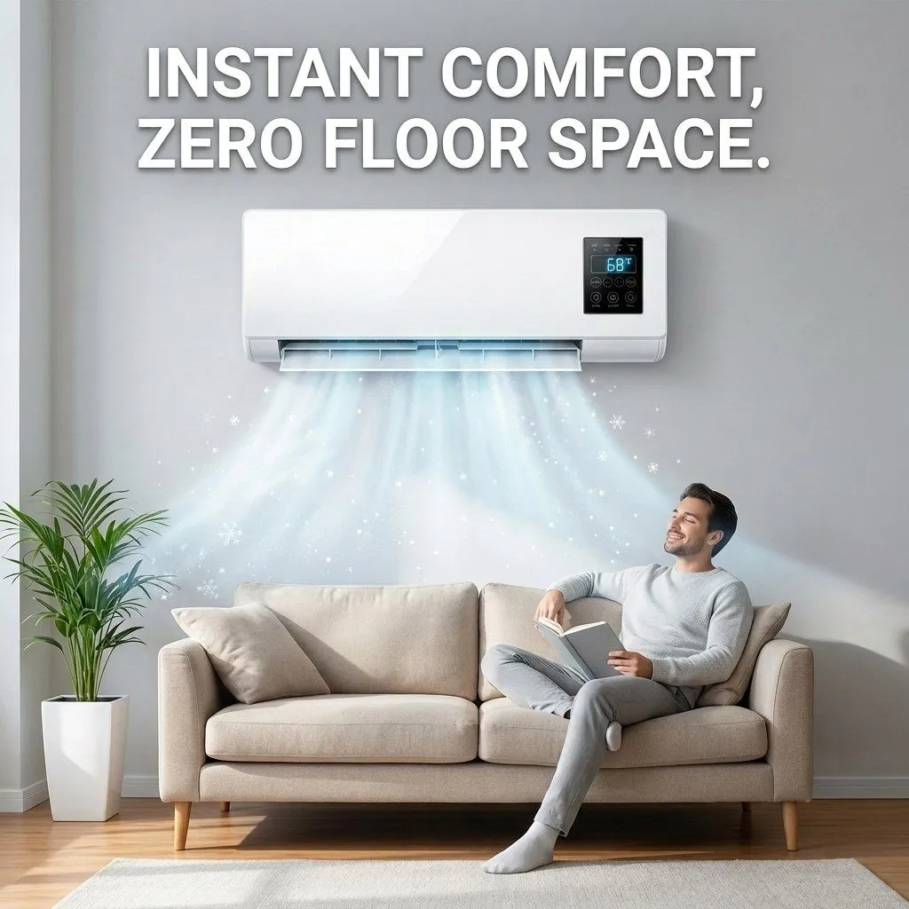 AERIOQ wall-mounted heater above a living room sofa where a man relaxes reading a book, illustrating the wall-mount frees floor space benefit