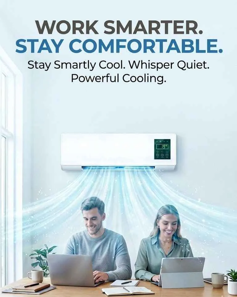 Two people working comfortably at a desk beneath a wall-mounted AERIOQ heater, illustrating the small-room home-office use case